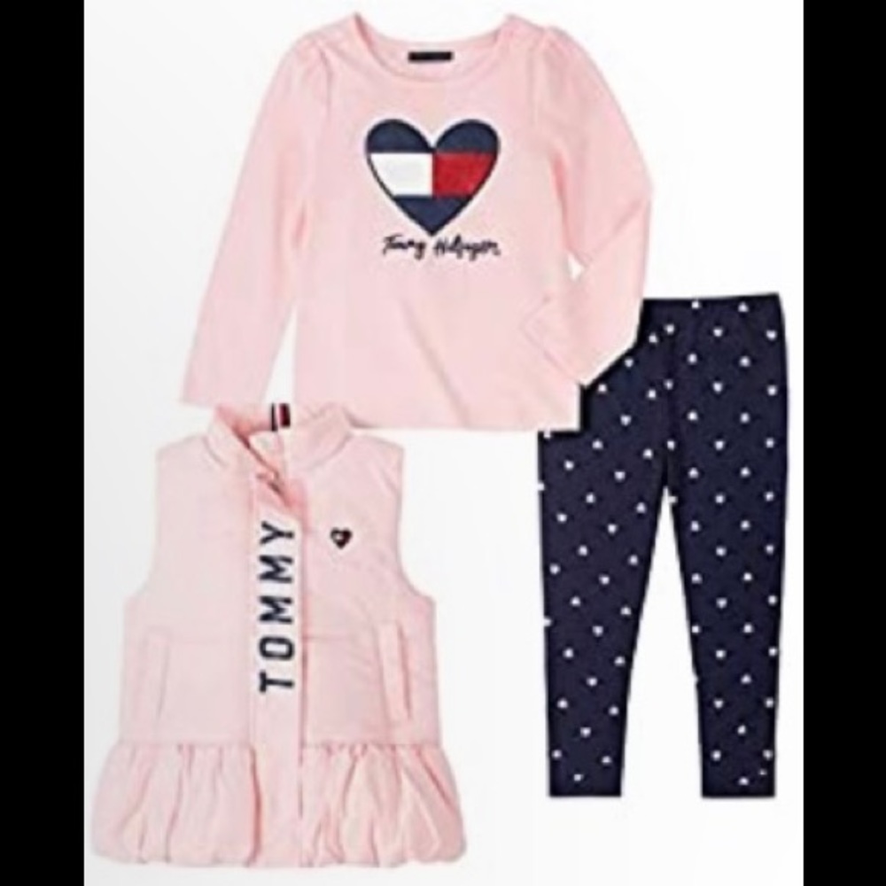 Three piece pant set with puffer vest